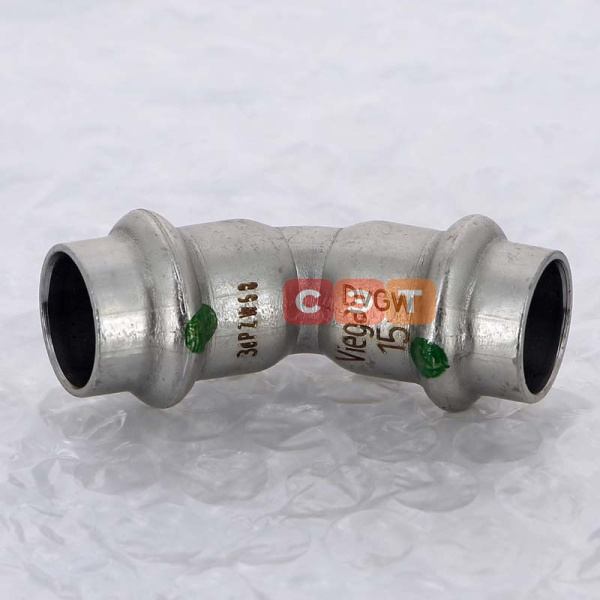 Угол 45° двухраструбный  15 х 15 нержавеющая сталь (Sanpress Inox) серия 2326